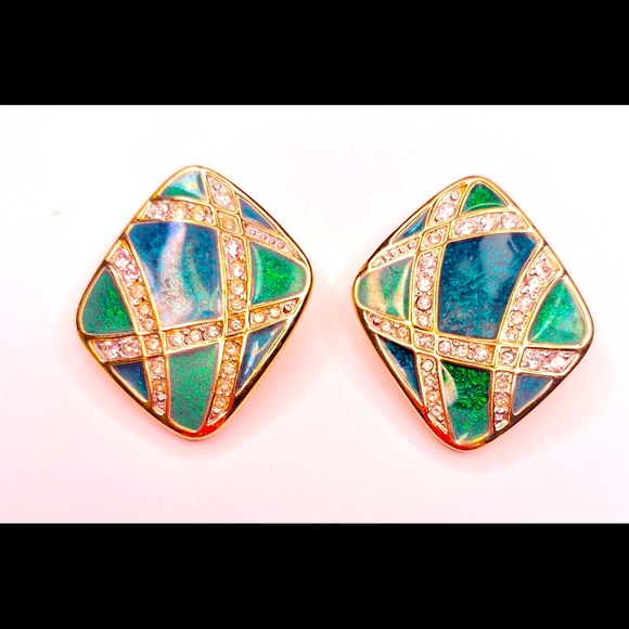 🔴 Swarovski Crystal Enamel Emerald Vintage Earrings - Picture 2 of 11